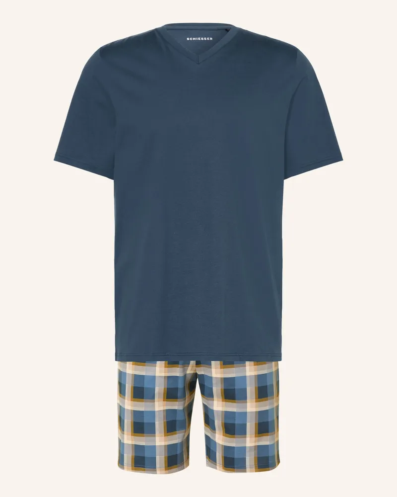 Schiesser Shorty-Schlafanzug Casual Essentials blau Dunkelblau