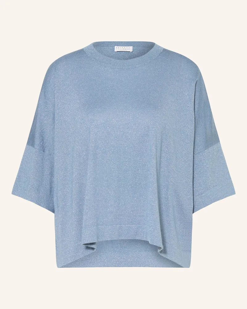 Brunello Cucinelli Strickshirt mit Cashmere und Glitzergarn Blaugrau