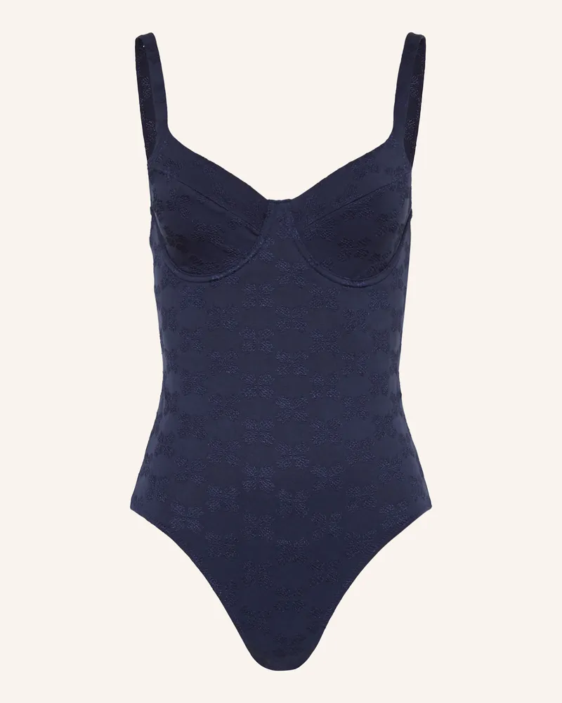 Vilebrequin Bügel-Badeanzug Turtle Monogram Jacquard Leonita blau Dunkelblau