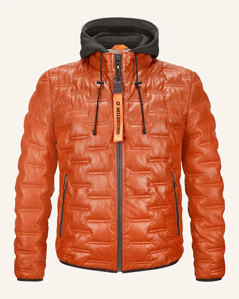 Milestone Lederjacke mit DUPONT™ SORONA®-Isolierung und abnehmbarer Kapuze Dunkelorange