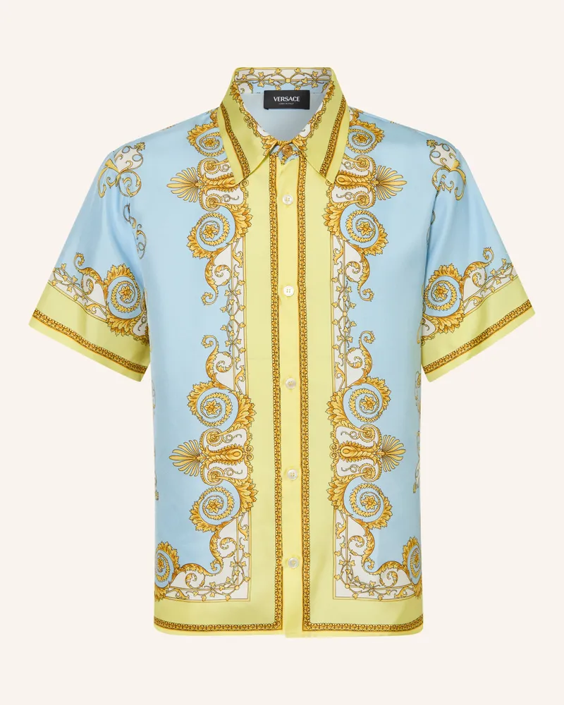 Versace Kurzarm-Hemd Barocco Aus Seide blau Hellblau