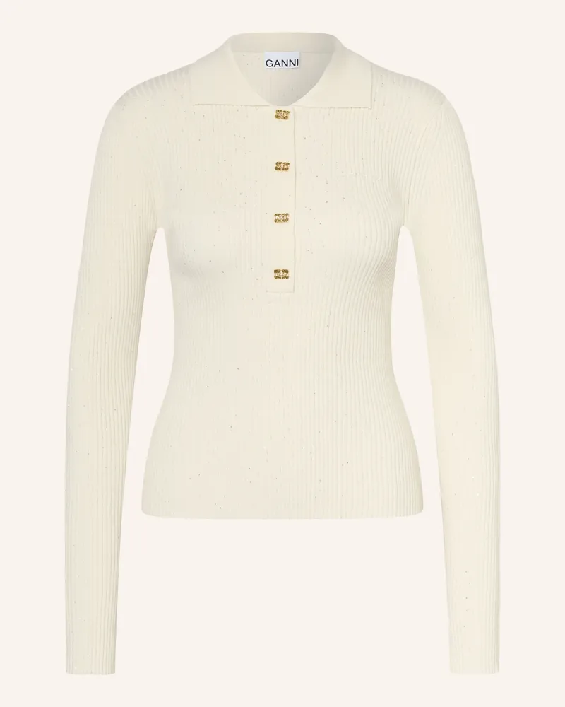 Ganni Strick-Poloshirt mit Pailletten Beige