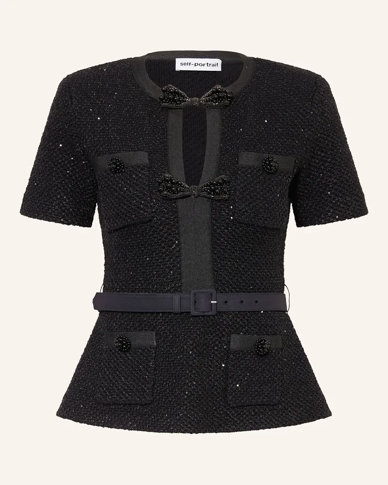 Self-Portrait T-Shirt aus Bouclé mit Pailletten Schwarz