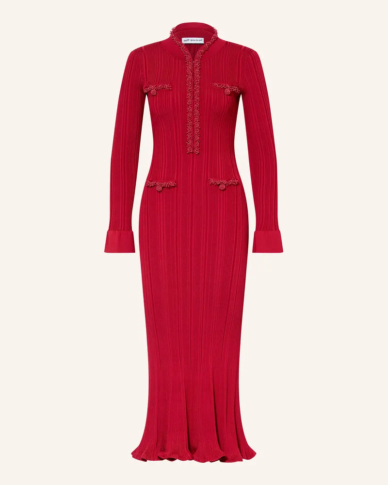 Self-Portrait Strickkleid mit Schmuckperlen Dunkelrot