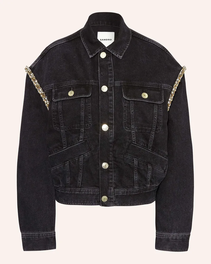 Sandro Oversized-Jeansjacke mit Schmucksteinbesatz Schwarz