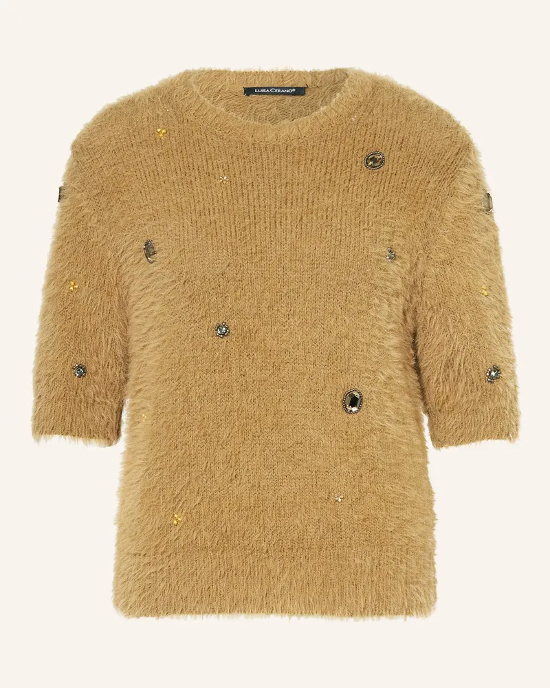 Luisa Cerano Strickshirt mit Schmucksteinen Braun