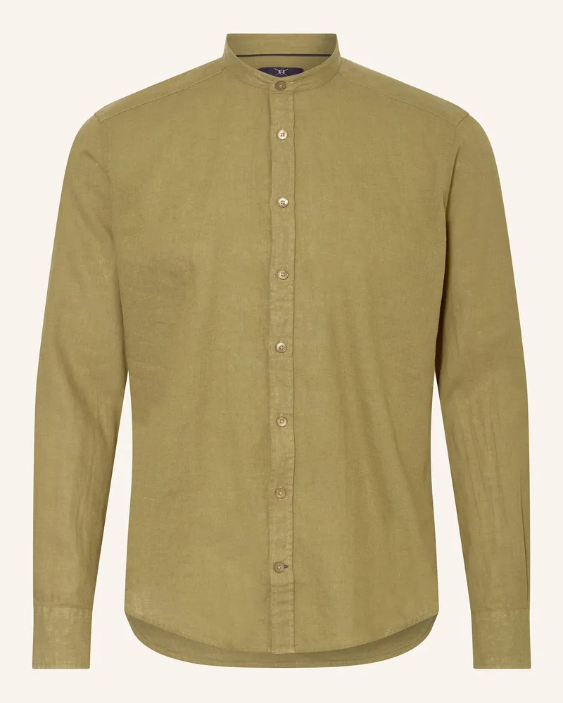 Strokesman's Hemd Regular Fit mit Leinen und Stehkragen Oliv
