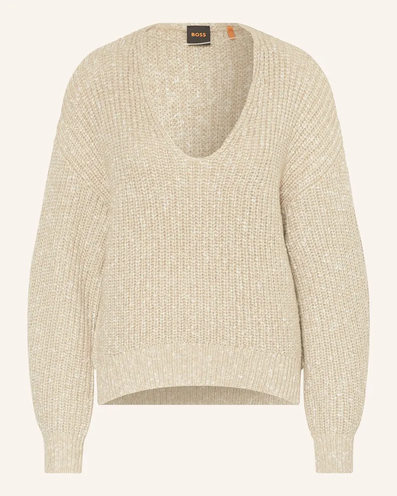 HUGO BOSS Pullover FACACIA mit Glitzergarn Beige