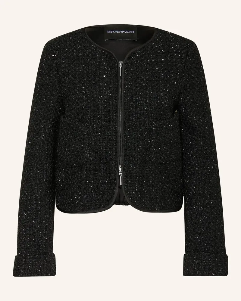 Emporio Armani Bouclé-Kastenjacke mit Pailletten und Glitzergarn Schwarz