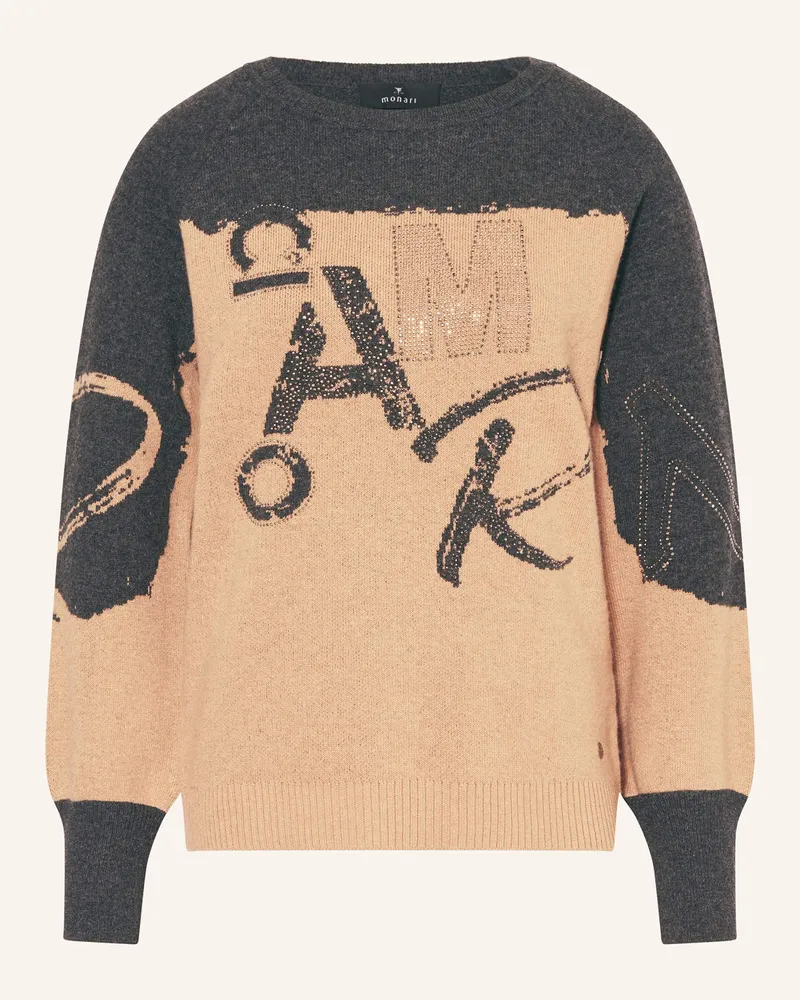 monari Pullover mit Schmucksteinen Cognac