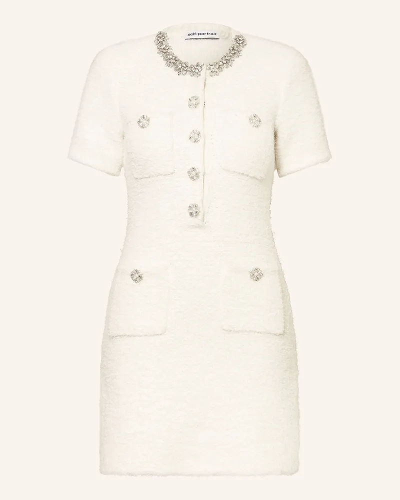 Self-Portrait Tweed-Kleid mit Schmucksteinen Ecru