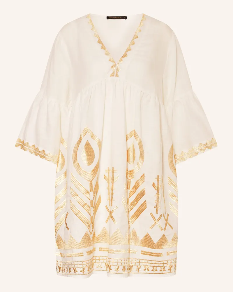 Greek Archaic Kori Strandkleid FEATHER aus Leinen mit 3/4-Arm Weiss