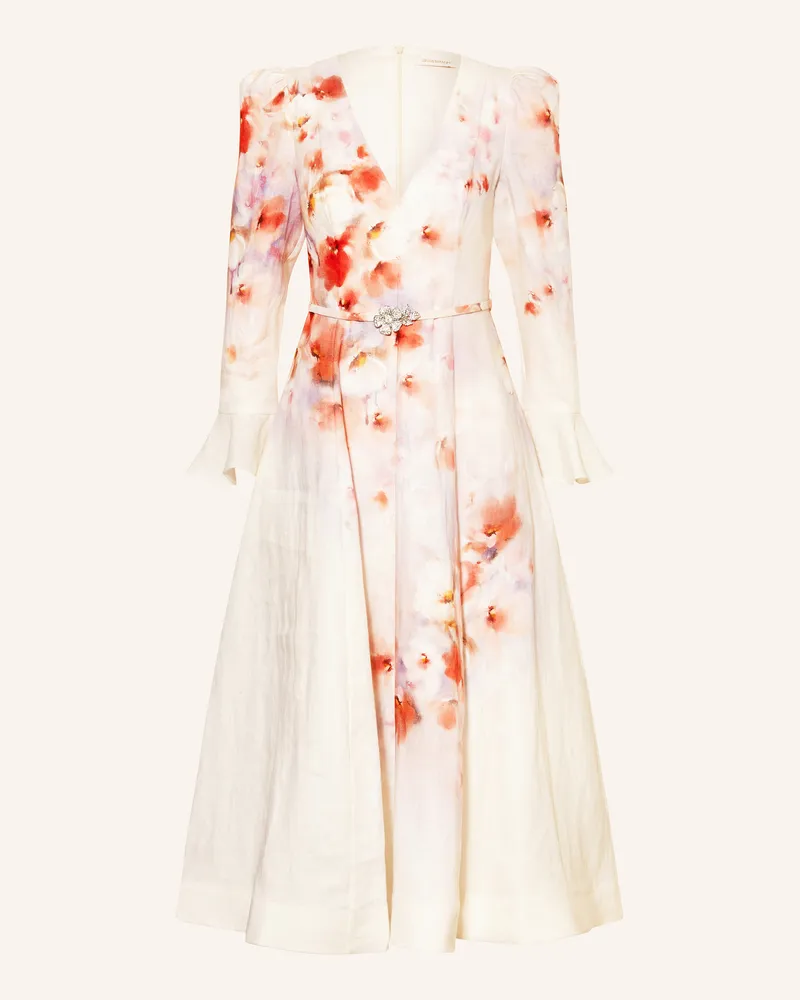 Zimmermann Leinenkleid mit Volants und Schmucksteinen Weiss