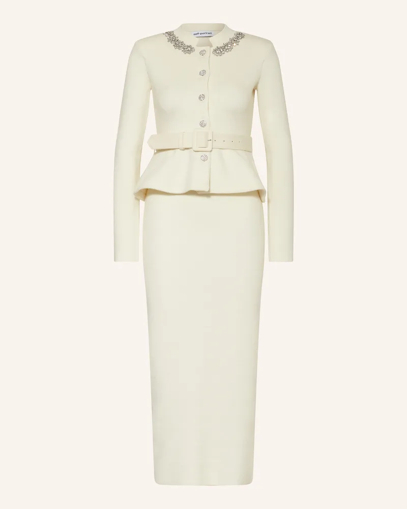 Self-Portrait Strickkleid mit Schmucksteinen Creme
