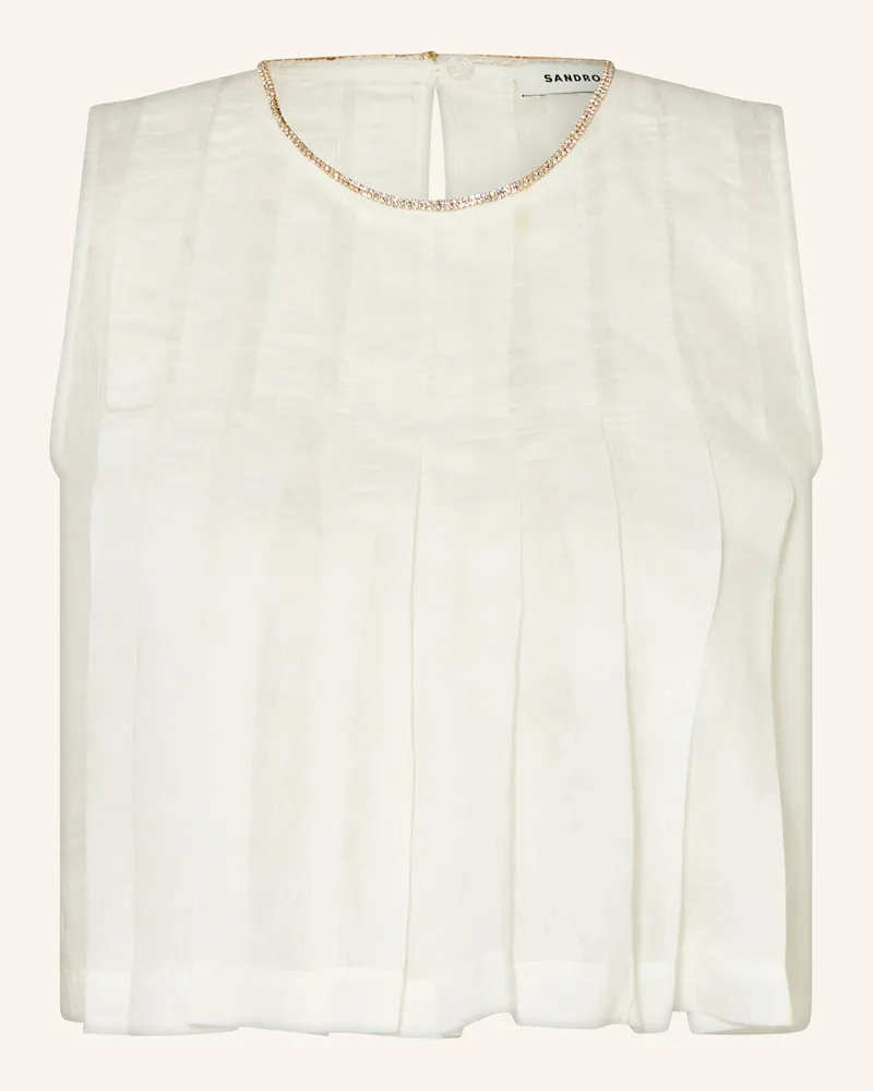 Sandro Cropped-Blusentop aus Leinen mit Schmucksteinen Weiss