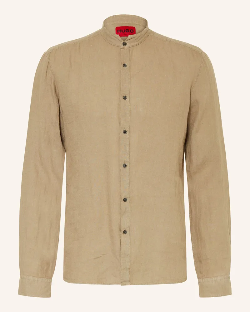HUGO BOSS Leinenhemd ELVORY Slim Fit mit Stehkragen Hellbraun