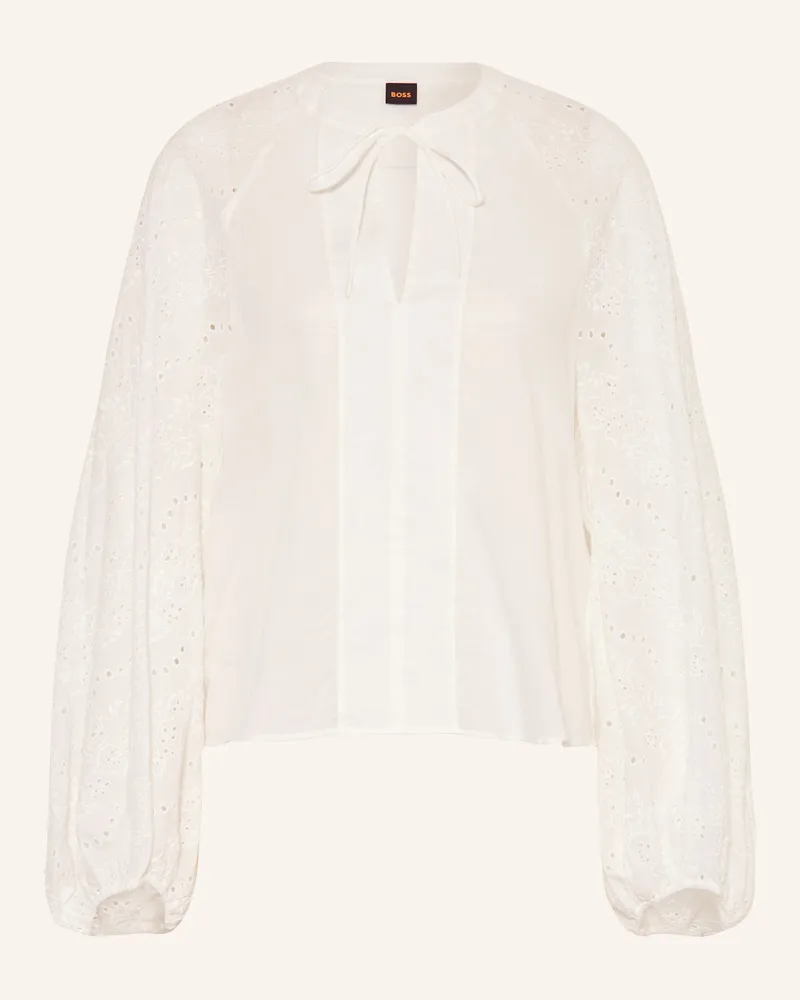 HUGO BOSS Blusenshirt BELVAST mit Lochspitze Weiss