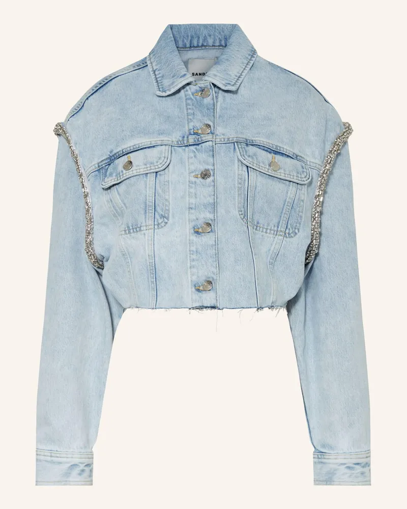 Sandro Cropped Jeansjacke mit Schmucksteinen Blau