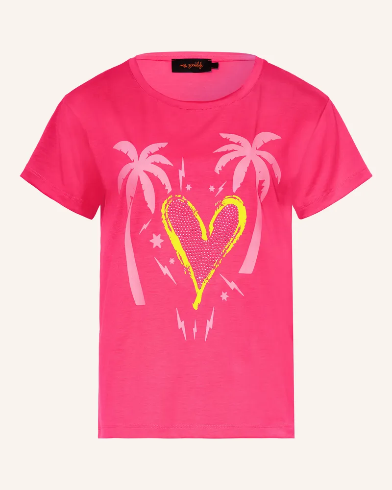 Miss Goodlife T-Shirt mit Schmucksteinen Neonpink