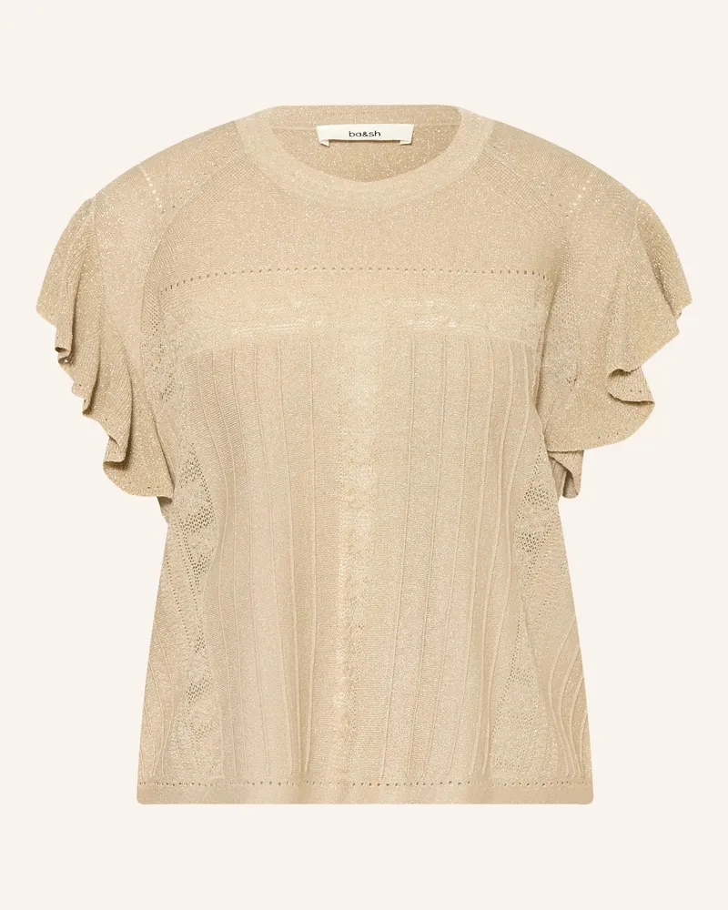 ba&sh Strickshirt mit Glitzergarn und Volants Beige