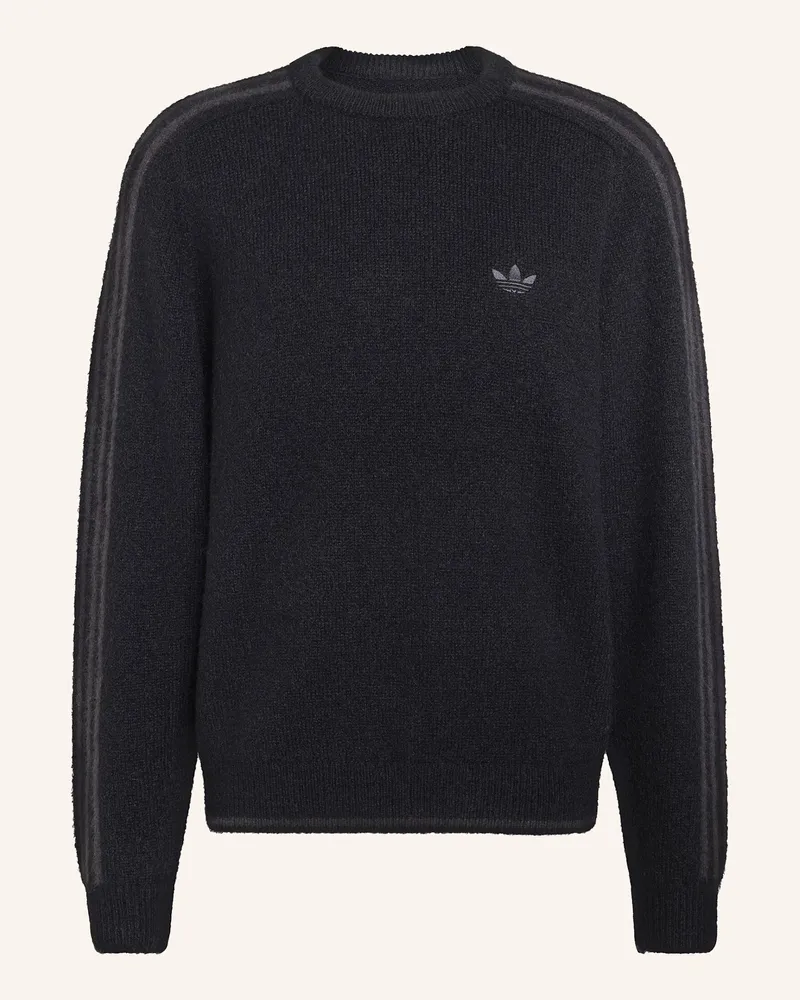 adidas 3 Streifen Sweatshirt, Fluffiger Strick, Rundhalsausschnitt schwarz Schwarz