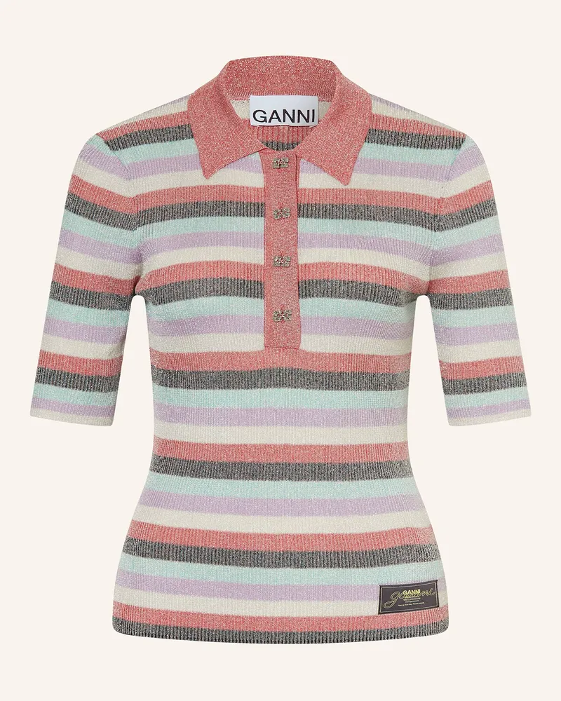 Ganni Strick-Poloshirt mit Glitzergarn Lila