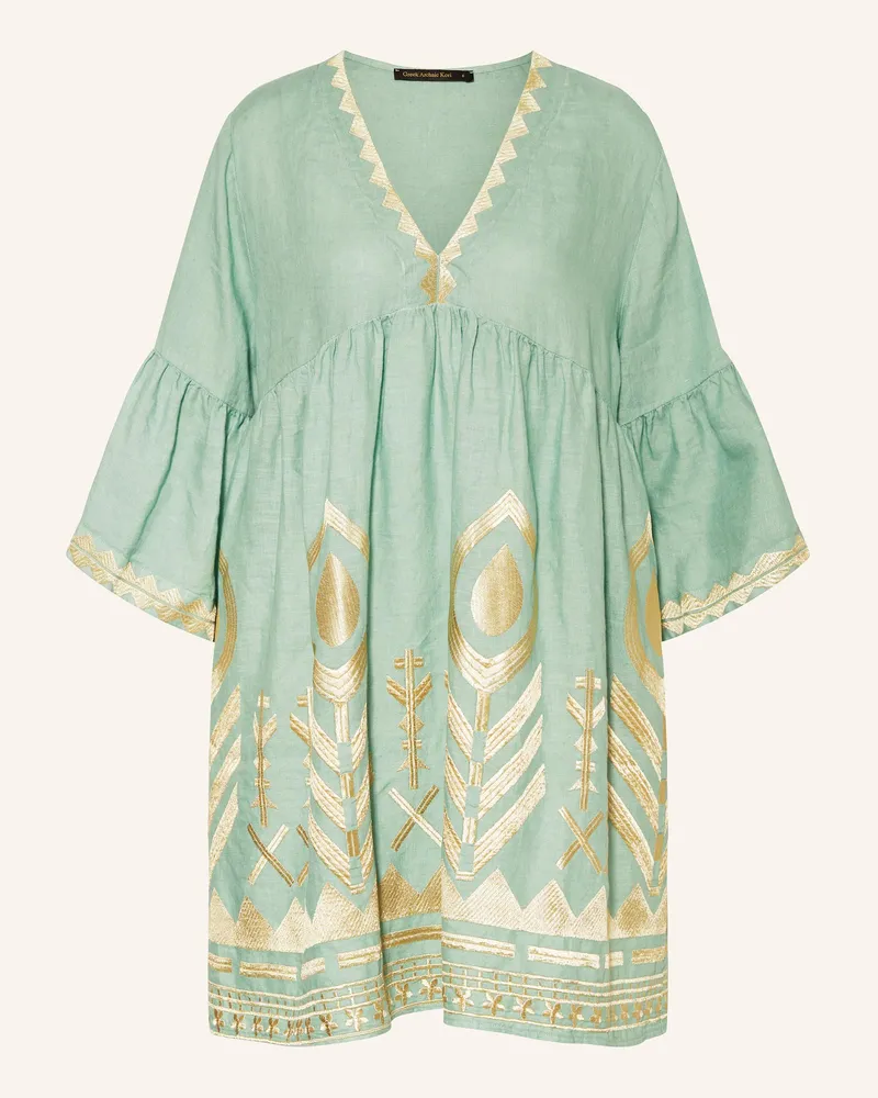 Greek Archaic Kori Strandkleid FEATHER aus Leinen mit 3/4-Arm Hellgrün