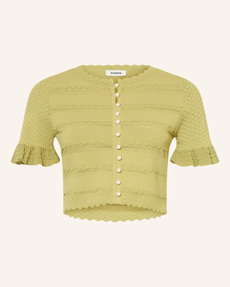 Sandro Cropped-Strickjacke Mit Rüschen Und Schmucksteinen gruen Hellgrün