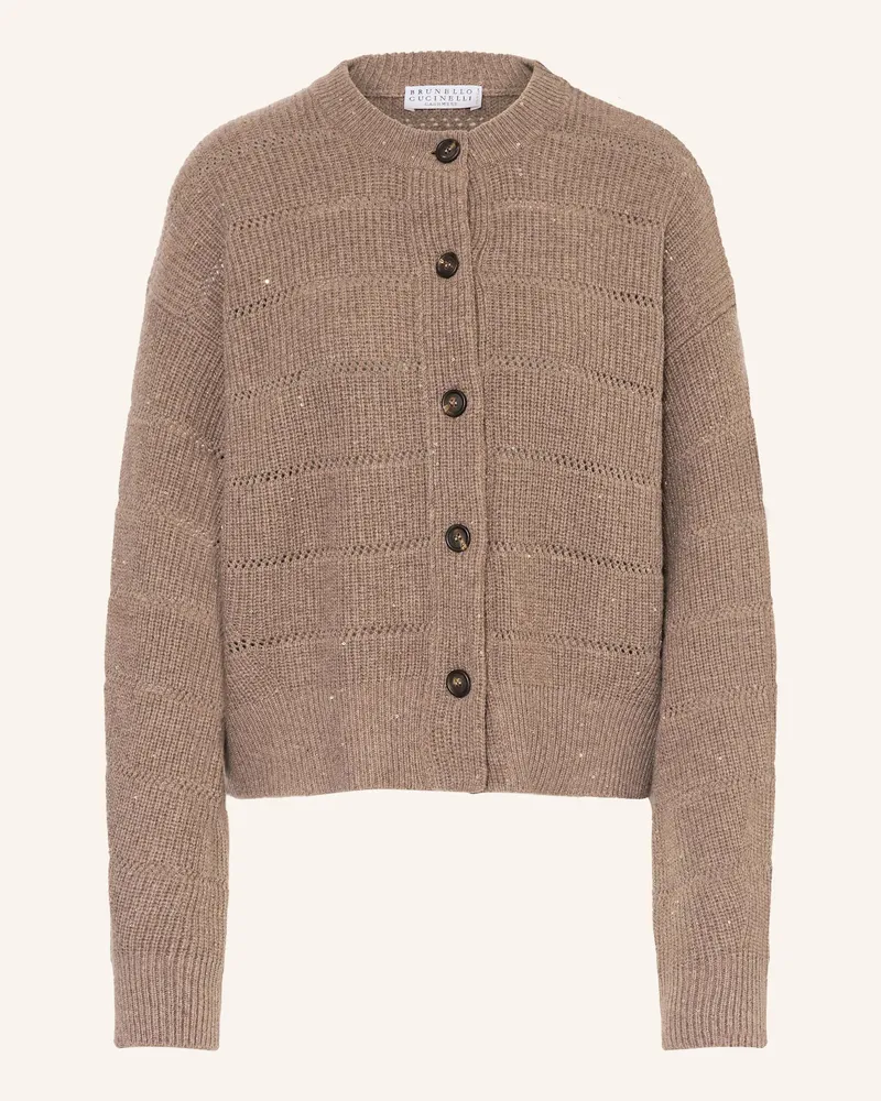 Brunello Cucinelli Strickjacke mit Cashmere und Pailletten Dunkelbraun