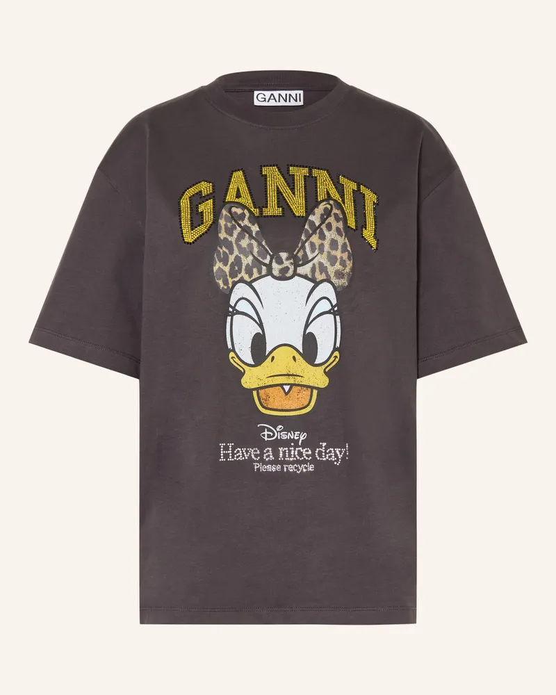 Ganni T-Shirt mit Schmucksteinen Dunkelgrau