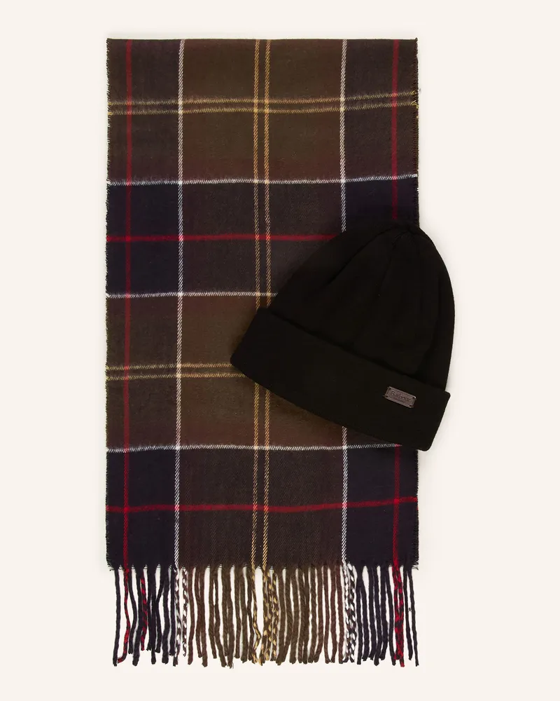 Barbour Set: Schal Und Mütze gruen Braun