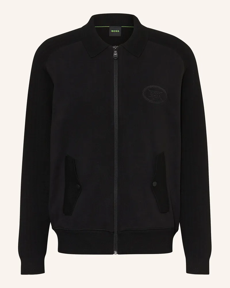 HUGO BOSS Strickjacke HOLE im Materialmix Schwarz