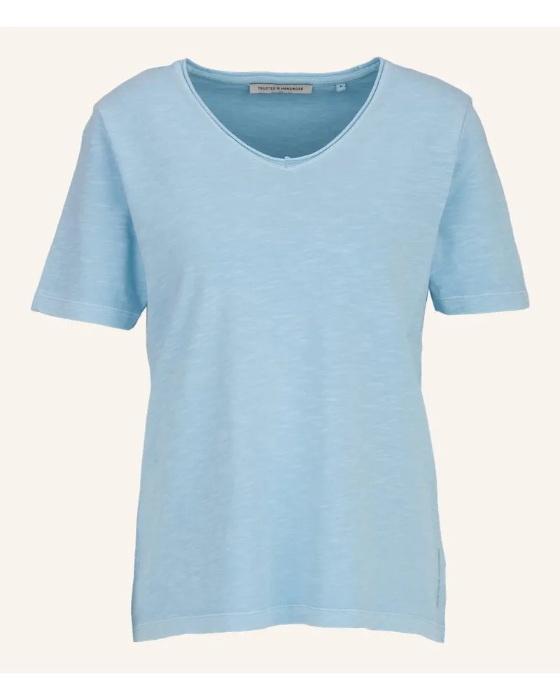 Trusted Handwork V-Neck 3/4-Sleeve T-Shirt with Open Edge Blau