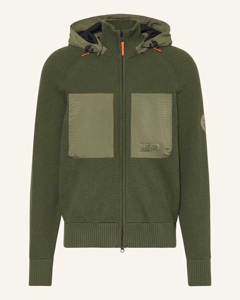 Napapijri Strickjacke A-VANOI im Materialmix mit abnehmbarer Kapuze Khaki