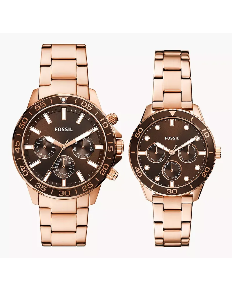 Fossil Box-Set His and Hers Uhr Multifunktionswerk Edelstahl farben Roségold