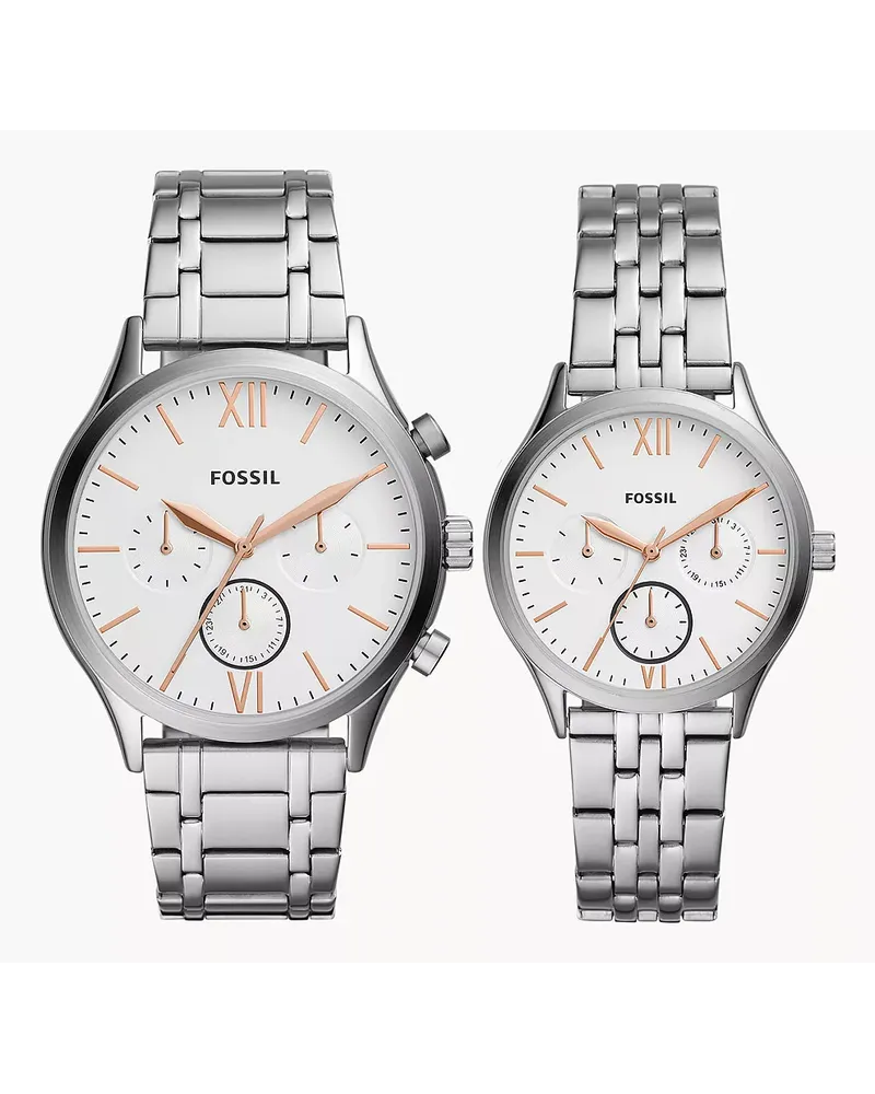 Fossil Geschenkset Uhren Fenmore His and Hers Multifunktionswerk Edelstahl Silber