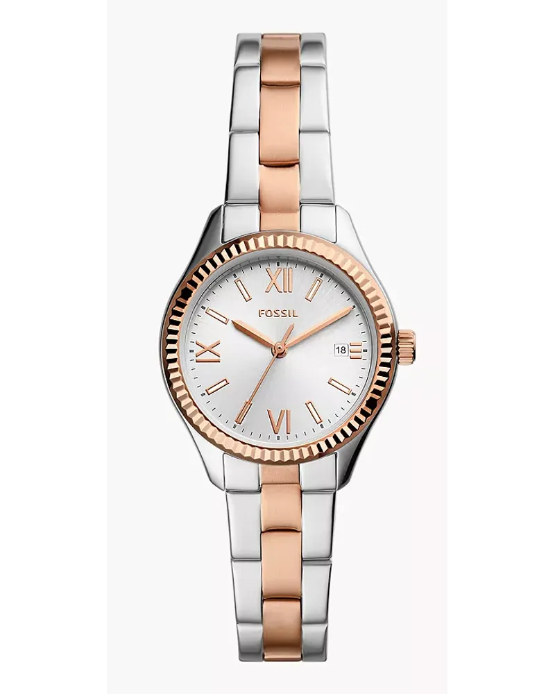 Fossil Uhr Rye 3 Zeiger Werk Datum Edelstahl Bicolor RoséGold