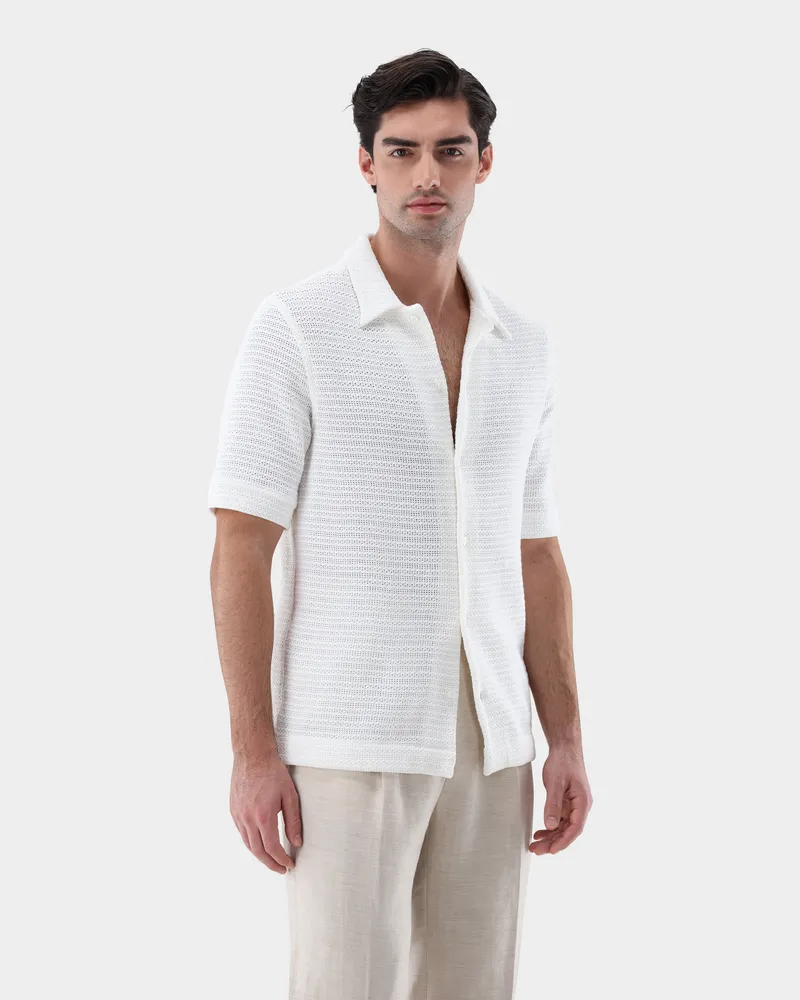 van Laack Kurzarm Bowlinghemd mit grober Struktur Cremefarben