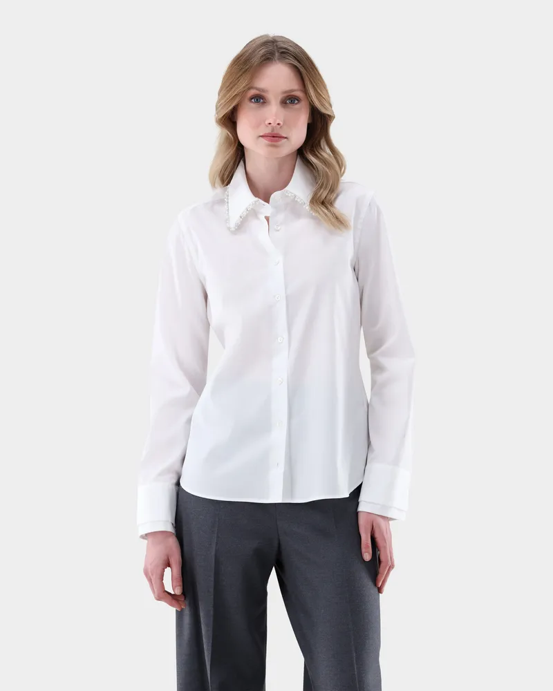 van Laack Hemdbluse mit Perlenbesatz Weiß