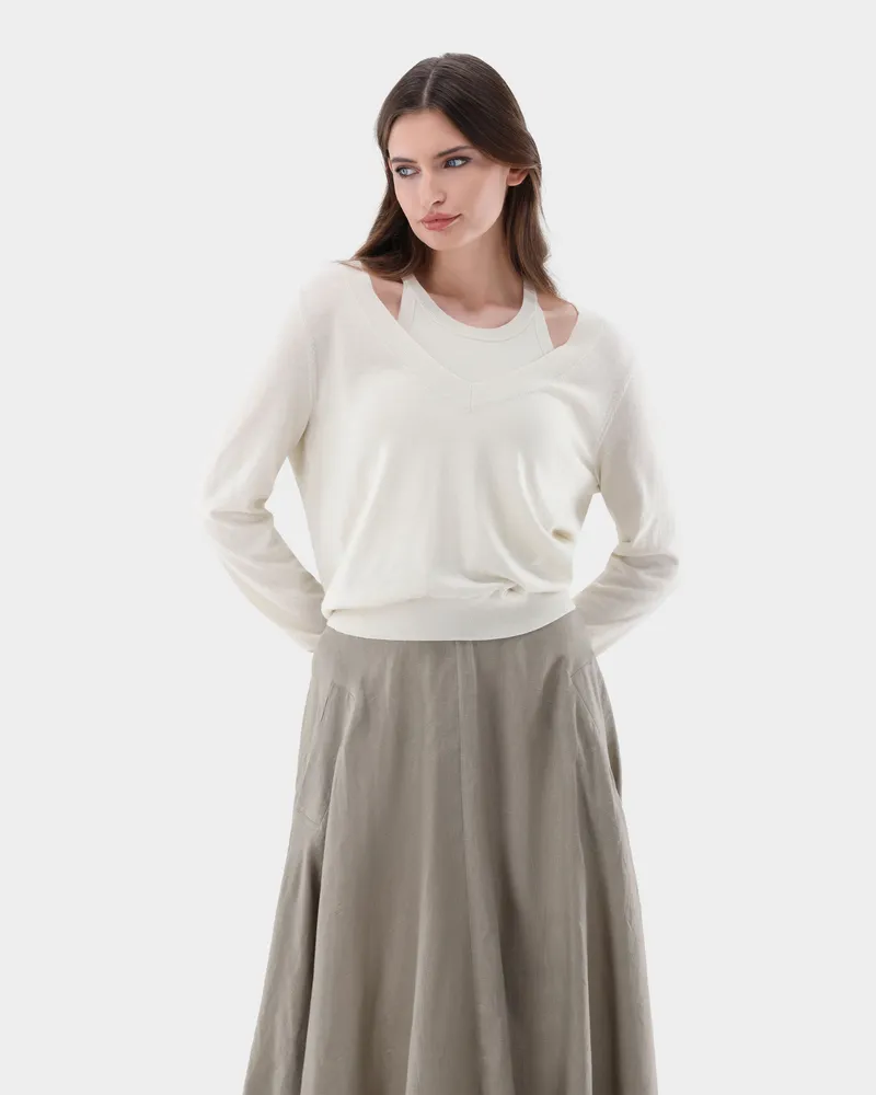 van Laack Pullover mit V-Ausschnitt aus Merino und Lamé Cremefarben