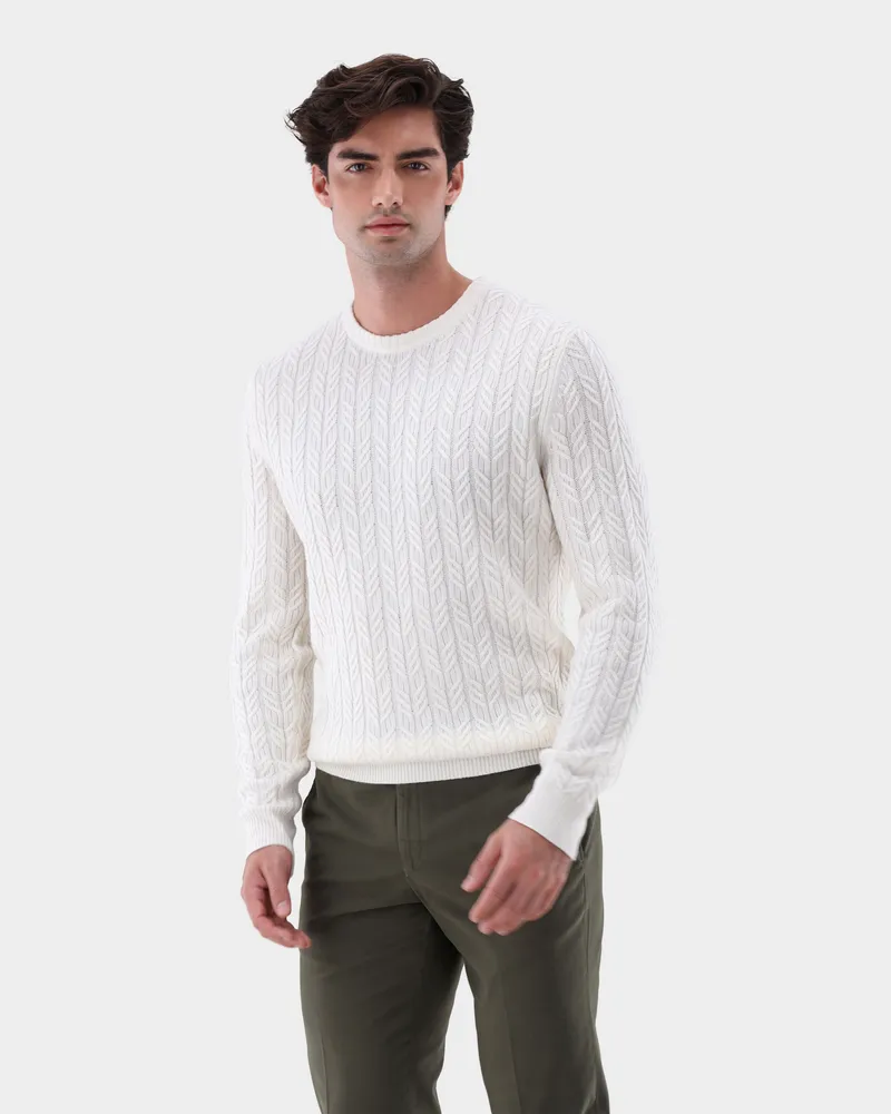 van Laack Rundhalspullover mit Zopfstrick und Kaschmir Cremefarben