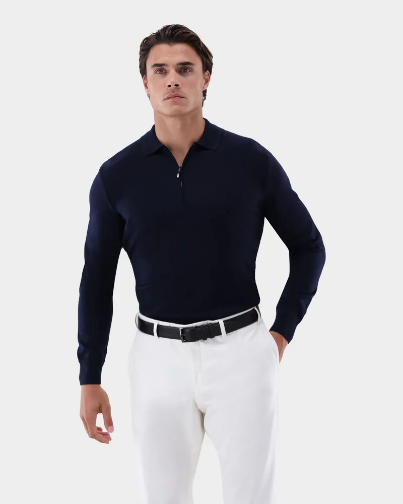 van Laack Poloshirt Langarm mit Reißverschluss aus merzerisierter Wolle Blau