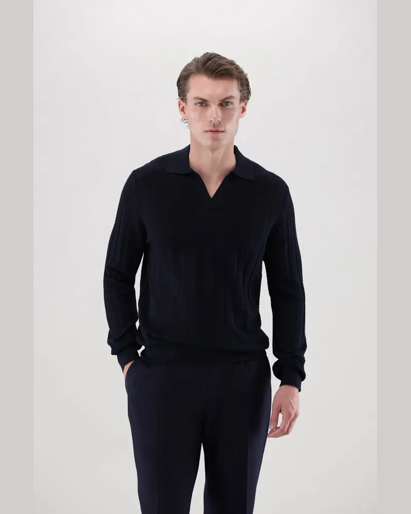 van Laack Strickpolo aus Merino und Seide mit V-Ausschnitt und Struktur Blau