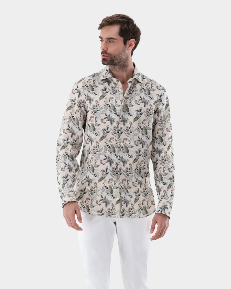 van Laack Leinenhemd mit Blumendruck Tailor Fit Beige