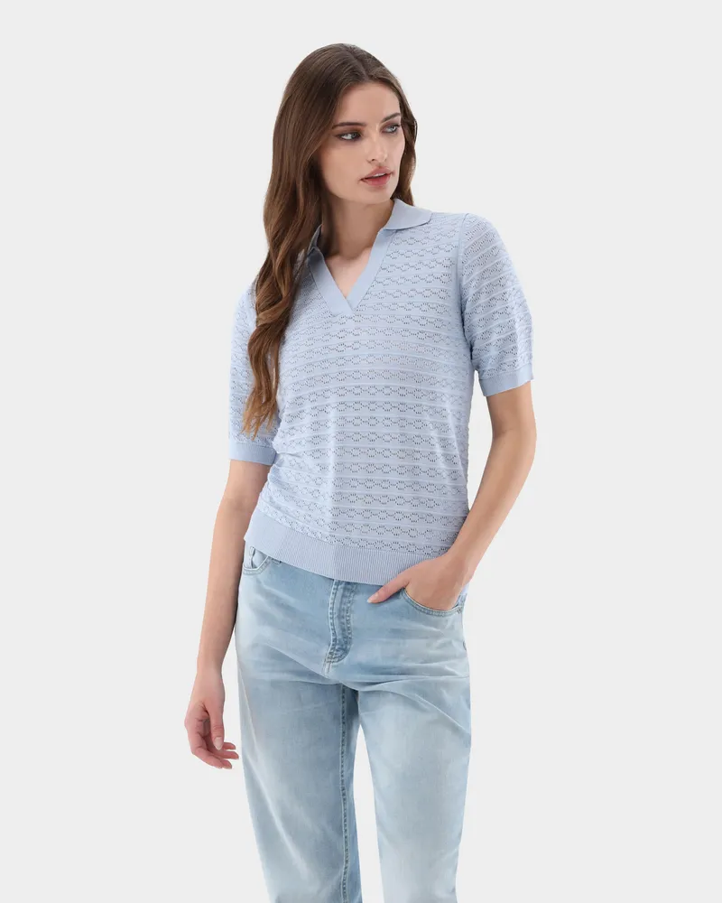 van Laack V-Polo gestreift mit Ajourmuster aus Air Cotton Blau