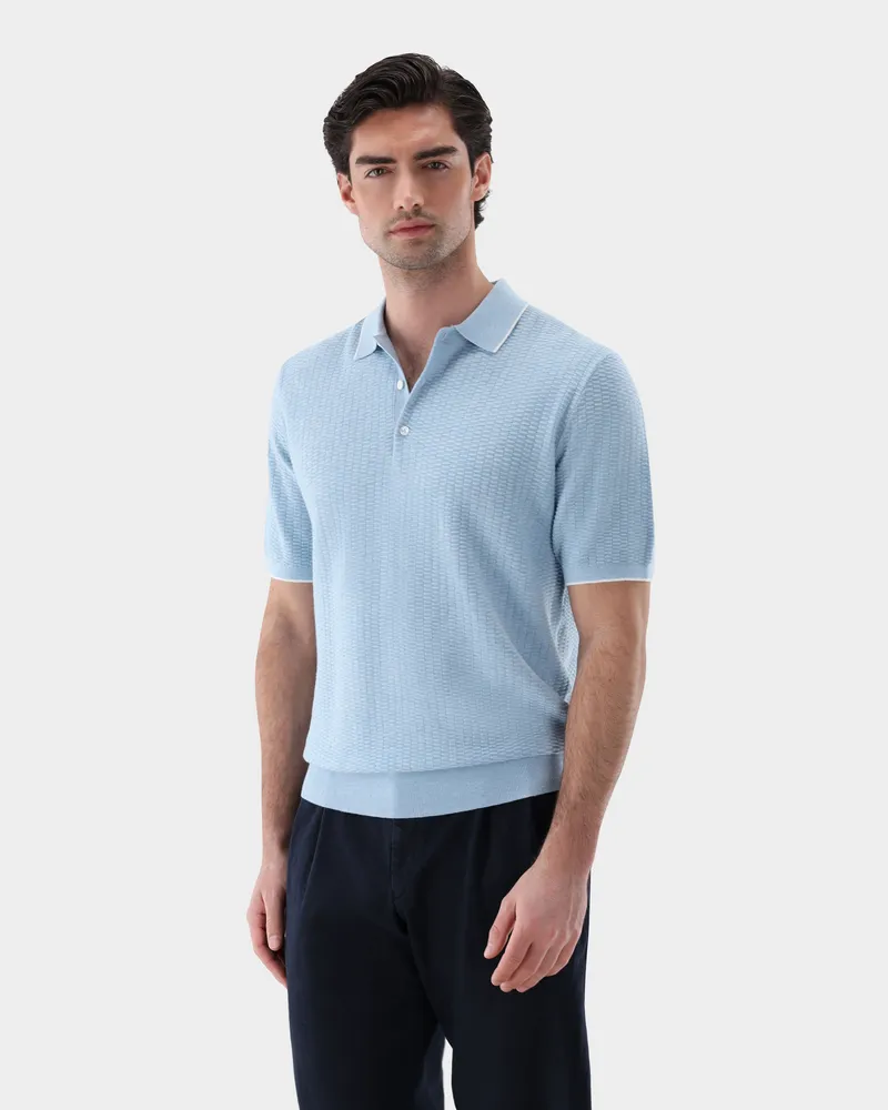 van Laack Strick Poloshirt mt Kaschmir und Jacquard Struktur Blau