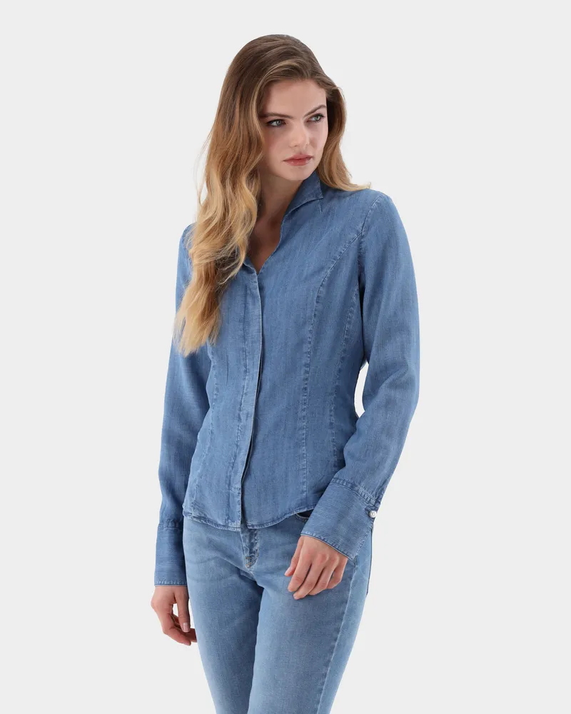 van Laack Kelchkragenbluse aus Jeans Stoff Blau
