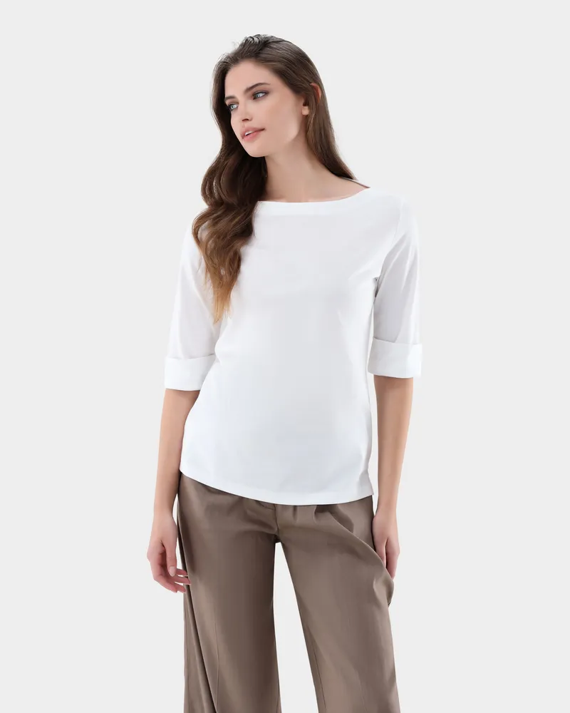 van Laack Jersey Shirt mit U-Boot Ausschnitt aus Schweizer Baumwolle Weiß