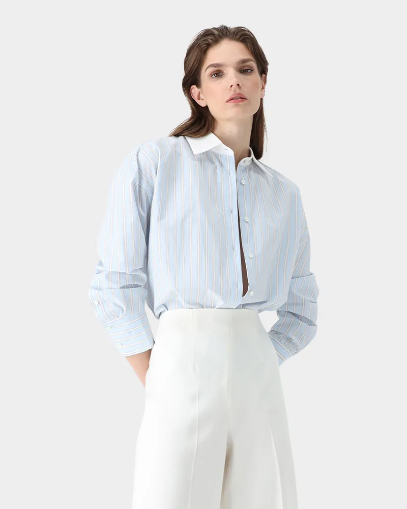 van Laack Gestreifte Hemdbluse mit Kontrastkragen Blau