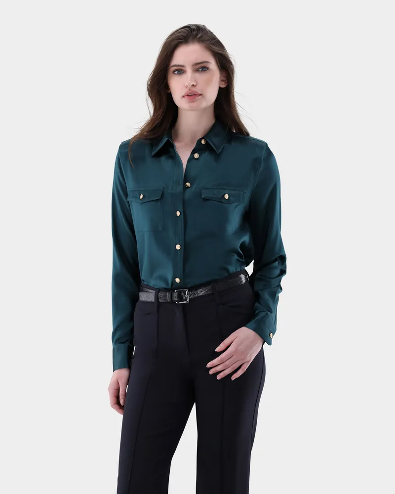 van Laack Taillierte Hemdbluse aus Seide mit Brusttaschen Grün